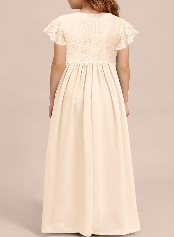 MITILLY Girls Lace Flower Maxi Dress Ruffle Sleeve A-Line Flowy Junior Bridesmaid Chiffon Dresses for Wedding Party 12 Years Cream - Image 5